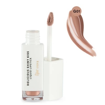 Batom líquido nude castanho claro em frasco branco com aplicador