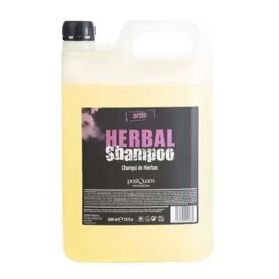 Recipiente grande de shampoo herbal amarelo claro com rótulo preto e texto rosa e branco
