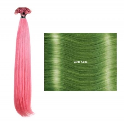 Extensão de cabelo rosa liso com amostra de cabelo verde 'Verde Acido'