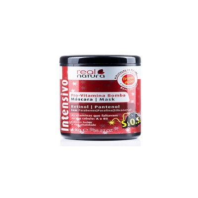 Frasco vermelho e branco da máscara capilar Intensive da Real Natura