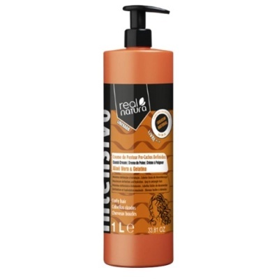 Frasco laranja com tampa doseadora preta de creme para cabelo Real Natura