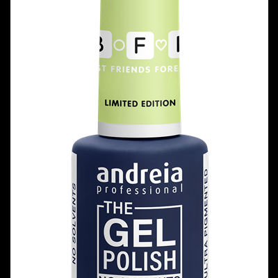 Frasco de verniz de gel azul escuro Andreia Professional com tampa verde clara e texto branco