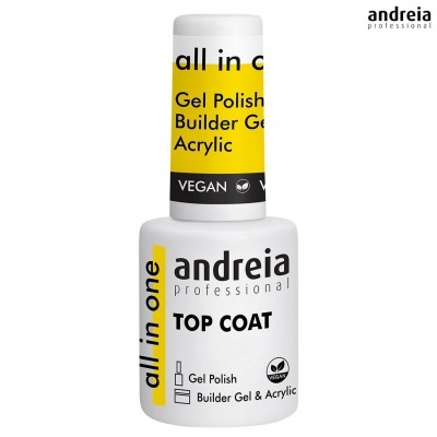 Frasco branco de top coat Andreia Professional com rótulo amarelo e preto