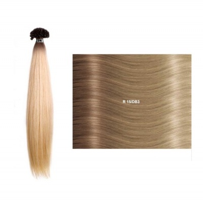 Mecha de cabelo loiro claro com base castanha e amostra alargada com código R 15/DB3