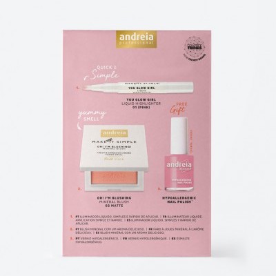 Kit de maquilhagem Andreia profissional com iluminador, blush e verniz cor de rosa