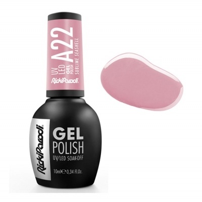 Frasco de esmalte gel para unhas rosa suave RickiParodi com amostra da cor ao lado