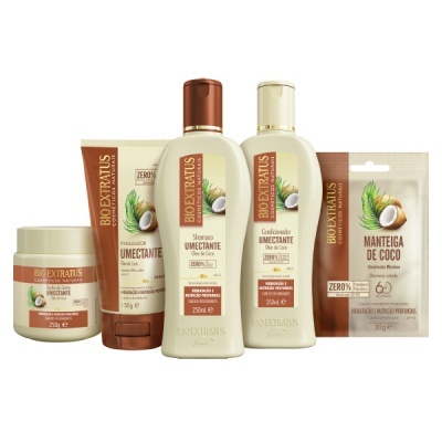 Produtos Bioextratus para cabelo com embalagem bege e castanho com imagens de coco