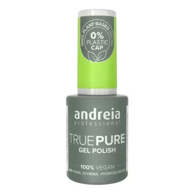Frasco de verniz em gel para unhas Andreia TRUE PURE com tampa verde claro e rótulo cinzento