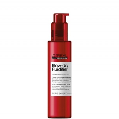 Frasco vermelho com doseador do produto L'OREAL PROFESSIONNEL Blow-dry Fluidifier