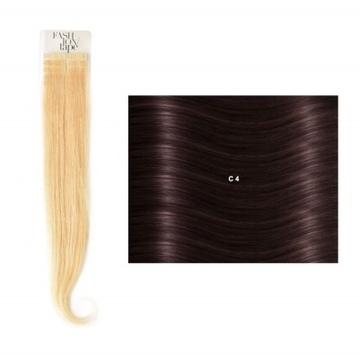 Extensão de cabelo loiro claro e amostra de cabelo castanho escuro com código C 4