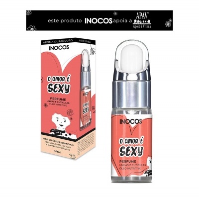 Perfume para unhas e cutículas INOCOS O AMOR É SEXY com embalagem e frasco salmão e branco