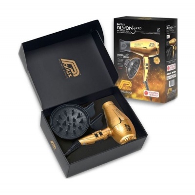 Conjunto secador de cabelo dourado Parlux ALYON GOLD com difusor na caixa preta