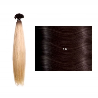 Extensão de cabelo loiro e amostra de cabelo castanho escuro com texto R 2/6