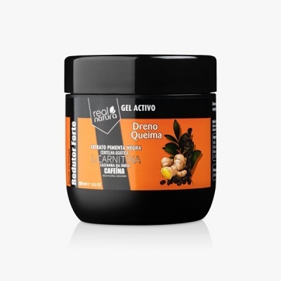 Frasco preto com rótulo laranja do gel activo Dreno Queima da Real Natura