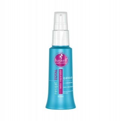 Frasco de spray azul Haskell com tampa branca e rótulo rosa e azul