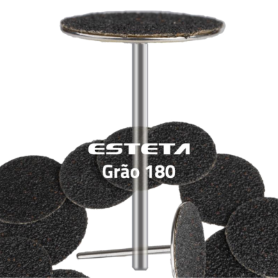 Discos de lixa abrasivos pretos com suporte metálico prateado, marca ESTETA, grão 180