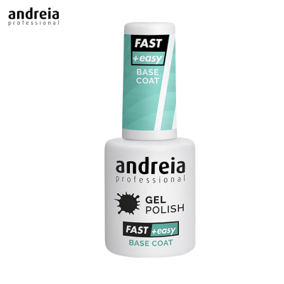 Frasco branco de verniz gel para unhas Andreia Professional com tampa branca e rótulo verde com texto FAST +easy BASE COAT.