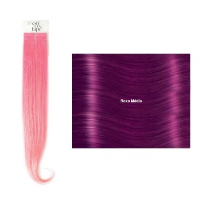 Extensão de cabelo rosa e amostra roxa com texto Roxo Médio
