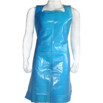 Vestido azul de plástico brilhante em manequim branco