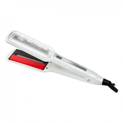 Alisador de cabelo branco com detalhes vermelhos e visor digital.