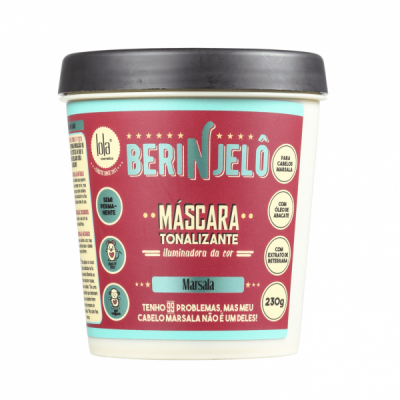 Máscara tonificante Berinjelô Marsala 230g com rótulo rosa e azul e tampa preta