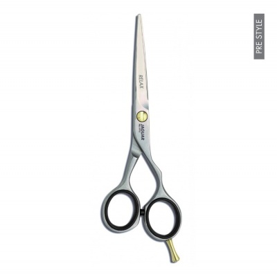 Tesoura de cortar cabelo prata com empunhadura preta e gravações