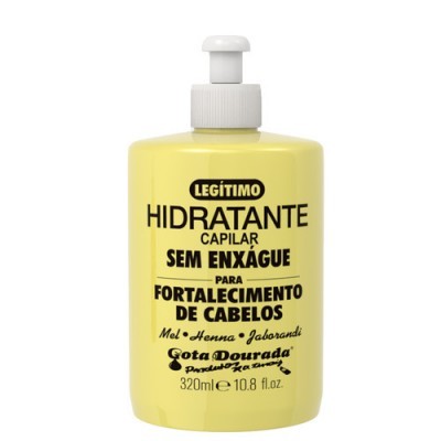 Frasco amarelo de hidratante capilar sem enxágue Gota Dourada com doseador