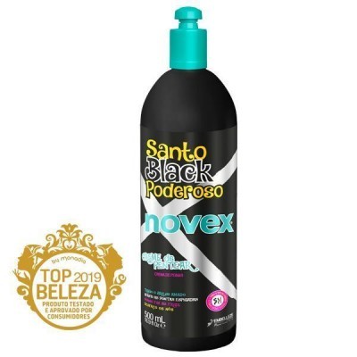 Frasco preto com tampa verde e rótulo colorido do produto Novex Santo Black Poderoso