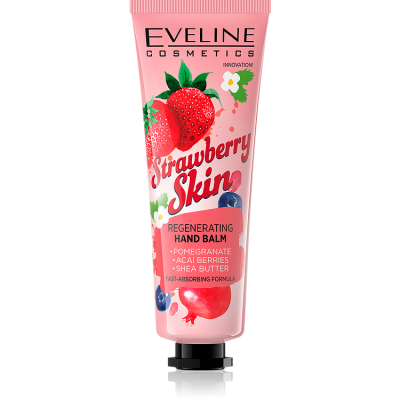 Frasco rosa de creme para as mãos Eveline Cosmetics com imagens de frutas e texto
