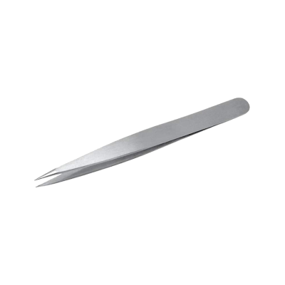 Pinça metálica prateada com pontas finas e ligeiramente curvas