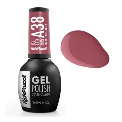 Verniz gel RickiParodi A38 cor rosa tijolo com frasco preto e tampa rosa em fundo branco