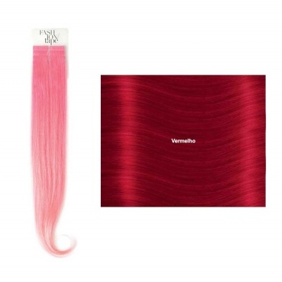 Extensão cabelo rosa claro e amostra cabelo vermelho com texto Vermelho