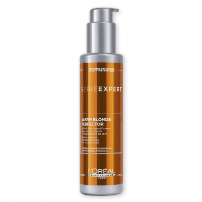 Frasco de produto L'Oréal Série Expert Warm Blonde Perfector laranja com doseador prateado