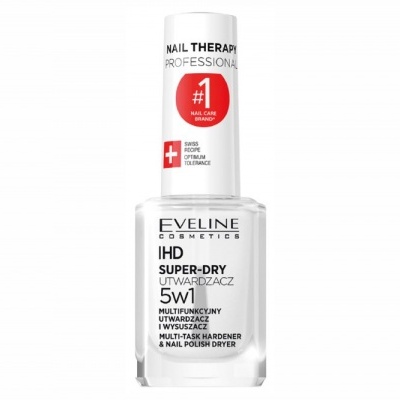 Frasco de verniz de unhas Eveline Cosmetics IHD Super-Dry 5w1 branco e transparente