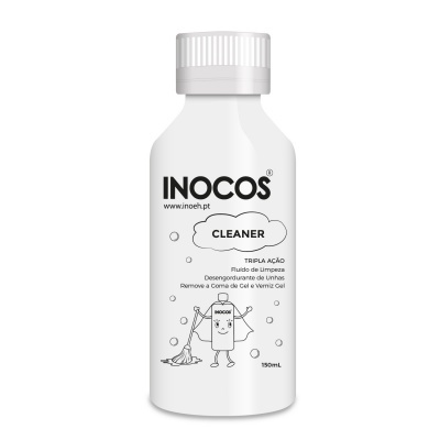 Frasco branco de limpador para unhas INOCOS com tampa branca e rótulo preto