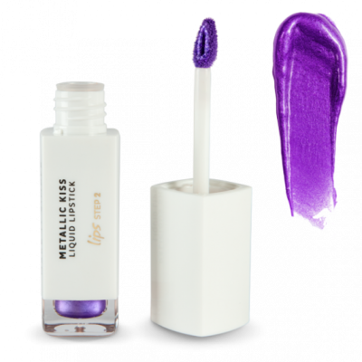 Batom líquido metálico roxo com aplicador e amostra da cor