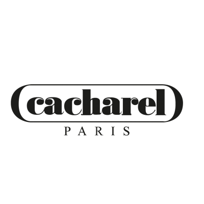 Logótipo preto e branco da marca Cacharel com texto 'cacharel' e 'PARIS'