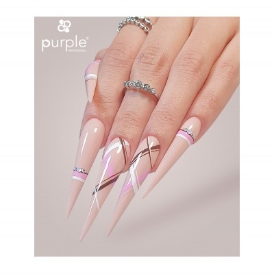 Unhas artificiais longas com padrão geométrico rosa e nude e pedras brilhantes