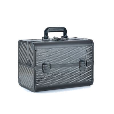 Mala rígida preta com textura de pontos e alça superior