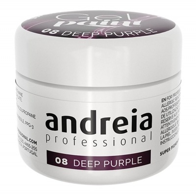 Pote branco com tampa rotulada 'andreia professional 08 DEEP PURPLE'