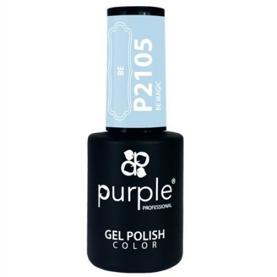 frasco de esmalte gel preto com tampa azul claro e texto branco Purple Professional P2105 BE MAGIC
