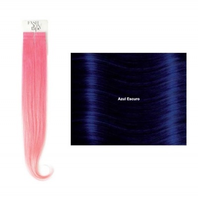 Extensão de cabelo rosa claro com amostra azul escuro e texto