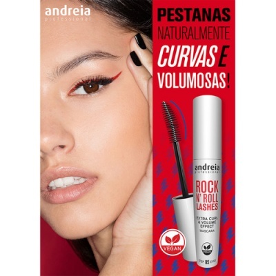Máscara para pestanas Andreia Professional Rock n Roll Lashes com modelo feminina e texto promocional em fundo vermelho.