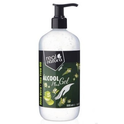 Frasco de gel desinfetante Real Natura Álcool Gel Plus 500 ml com dispenser preto