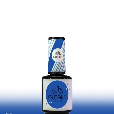 Frasco de verniz para unhas GLNAILS com rótulo azul e tampa preta