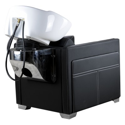 Cadeira de lavagem de cabelo com lavatório branco e banco em couro preto