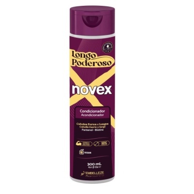 Frasco plástico roxo de condicionador Novex Longo Poderoso 300 ml
