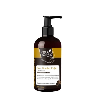 Frasco de condicionador Real Natura Pro-Bomba Café com doseador preto e rótulo castanho e bege.