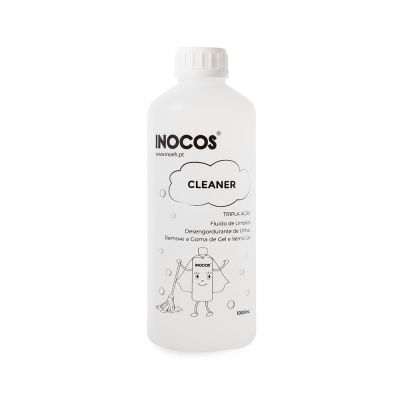 Frasco branco de plástico INOCOS CLEANER com texto e ilustração preto