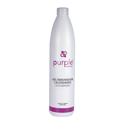Frasco branco de gel removedor de calosidades com texto roxo e preto